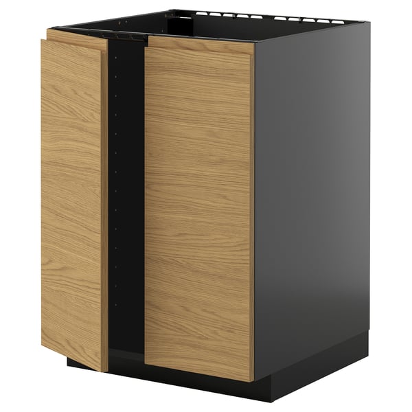 Black and oak METOD kitchen cabinet with wood grain finish and minimalist design.