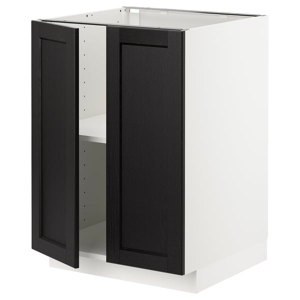 Depicts a METOD kitchen cabinet with dark stained wooden doors featuring bevelled edges, set against a white frame.