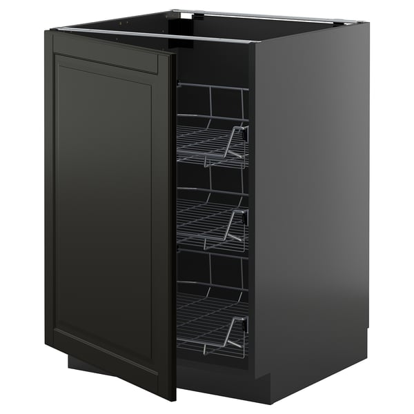 Black kitchen cabinet with pull-out wire racks. Modern, sleek design with bevelled edges. Part of the METOD kitchen system.