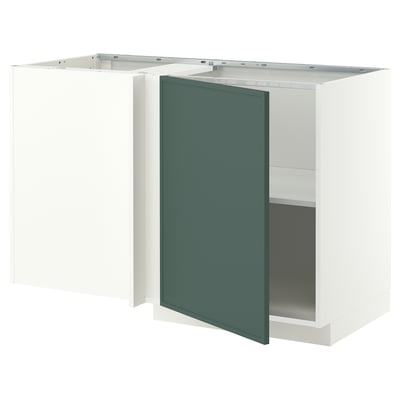 METOD Corner base cabinet with shelf, white/Aspudden dark grey-green, 128x68 cm