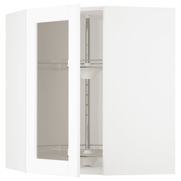 A white METOD kitchen unit with frosted glass doors and aluminum handles.