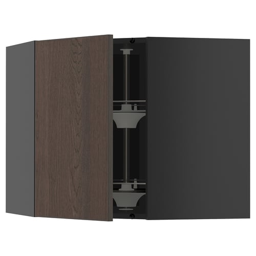 Dark wood and gray kitchen cabinet set with adjustable shelves and modern design.