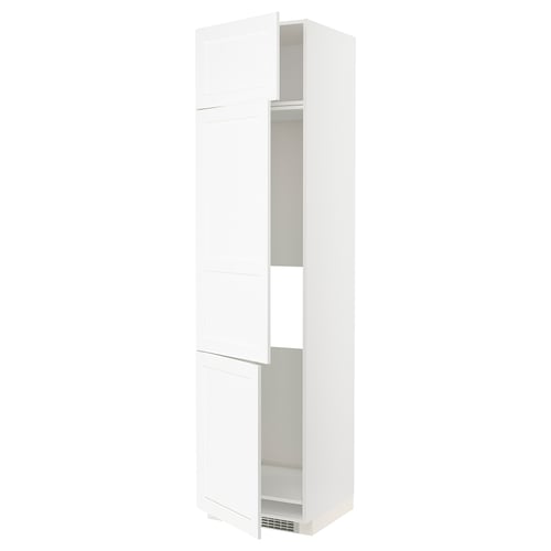 METOD, a white kitchen cabinet with sleek, wood-like grain, tall and rectangular, featuring adjustable shelves and durable fiberboard construction.