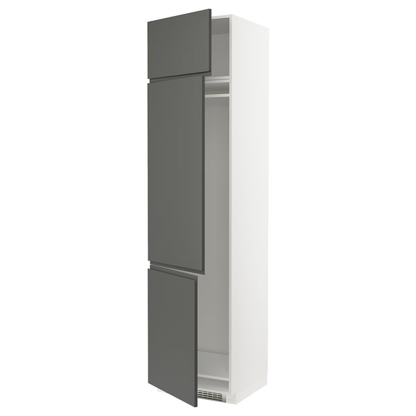 A white and dark grey METOD kitchen cabinet with integrated handles. It two doors and adjustable shelves.