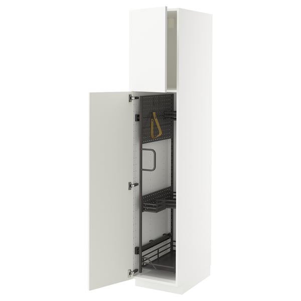 White METOD cabinet with glossy front, open to show shelves and organizers.