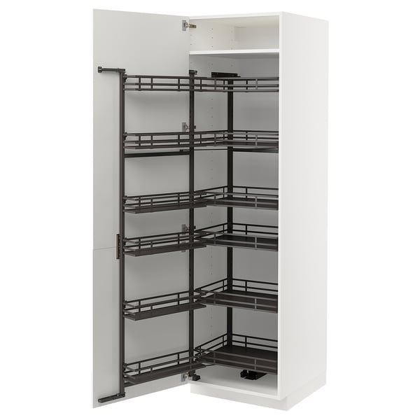White high gloss kitchen cabinet with metal pull-out shelves. Modern, sleek design, ideal for organising kitchen essentials.