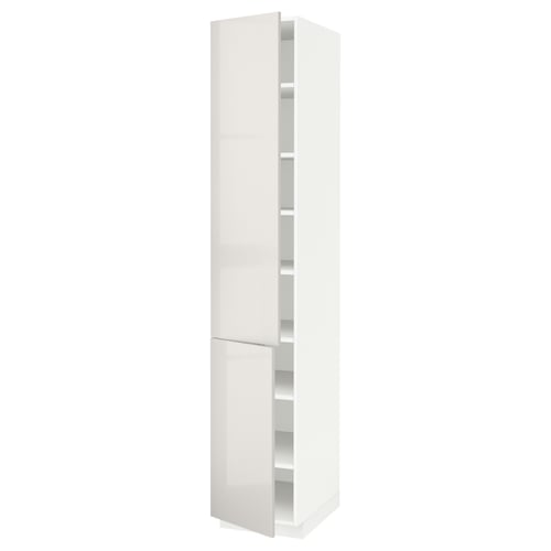 A white, tall kitchen cabinet from the METOD system. It high gloss doors and adjustable shelves.
