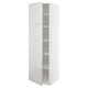 A white, tall ikea METOD cabinet. It has a glossy finish, adjustable shelves, and a door that can be mounted on either side.