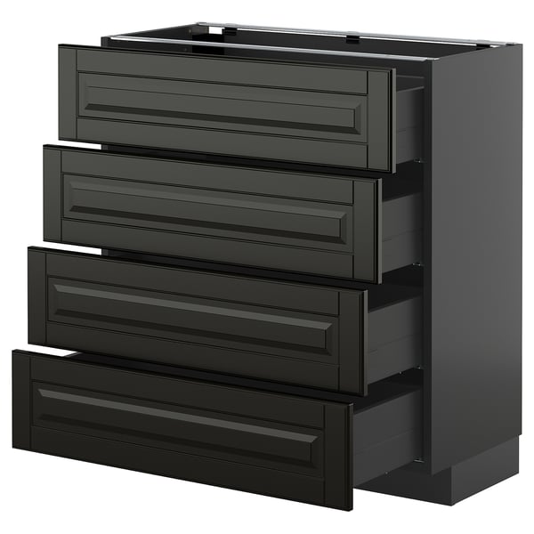 Black METOD kitchen unit with four bevelled drawers.