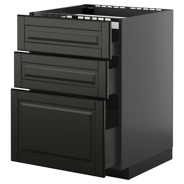 Black kitchen cabinet, METOD system, three drawers and sliding shelves, sleek modern design.