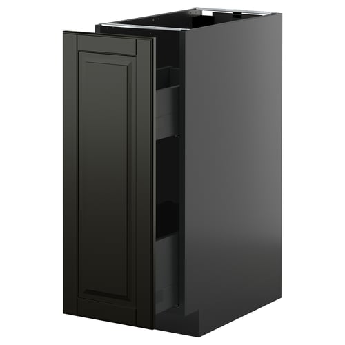 Modern black METOD kitchen cabinet with sleek pull-out drawer.