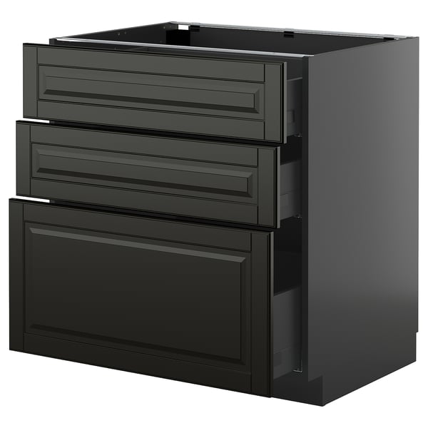 A sleek black METOD kitchen unit with bevelled drawer fronts, three drawers and one cabinet, featuring a glossy finish.