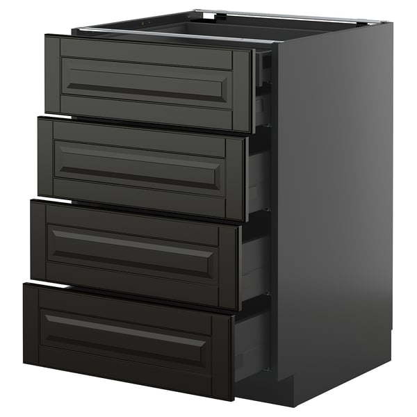 Modern black kitchen cabinet with five open drawers, sleek design, metallic finish.