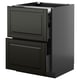Black modern kitchen cabinet with two open drawers, sleek design.