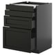 Black stained kitchen cabinet with beveled edges, multiple drawers, and sturdy frame.