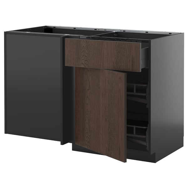 METOD kitchen unit, dark brown sinarp, oak veneer, corner base cabinet with shelves.