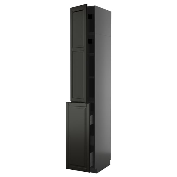Modern black METOD cabinet with bevelled edges, tall, rectangular, and sleek design, featuring various shelves and drawers for storage.