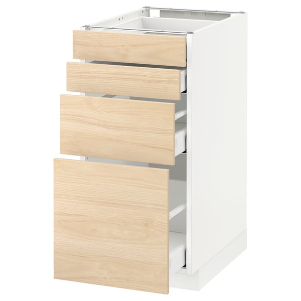 A light grey kitchen cabinet with three light wood-colored drawers partially open, displaying the drawer contents and runners.