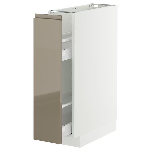 Modern white kitchen cabinet with glossy dark brown door, integrated handles and pull-out shelf.