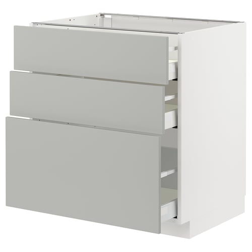 Modern light grey kitchen cabinet with three drawers and sleek design.