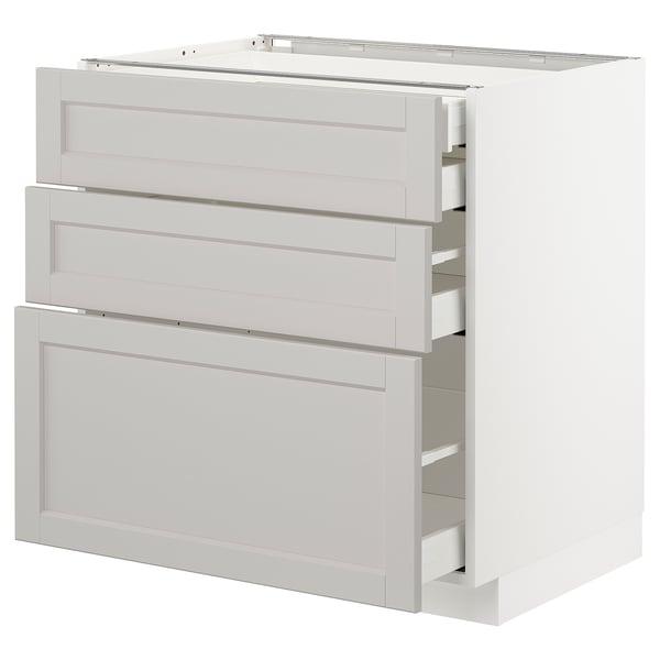 METOD kitchen unit, white, with three open drawers, made of birch and particle board, modern design.