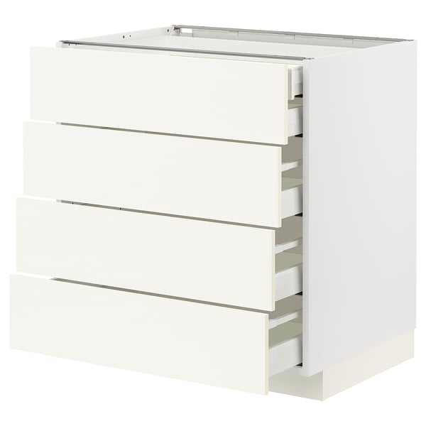 White ikea METOD kitchen unit with multiple pull-out drawers for storage.