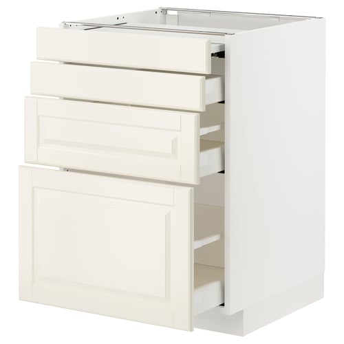 Displays a white METOD kitchen cabinet with three open drawers, featuring a traditional design with beveled edges.