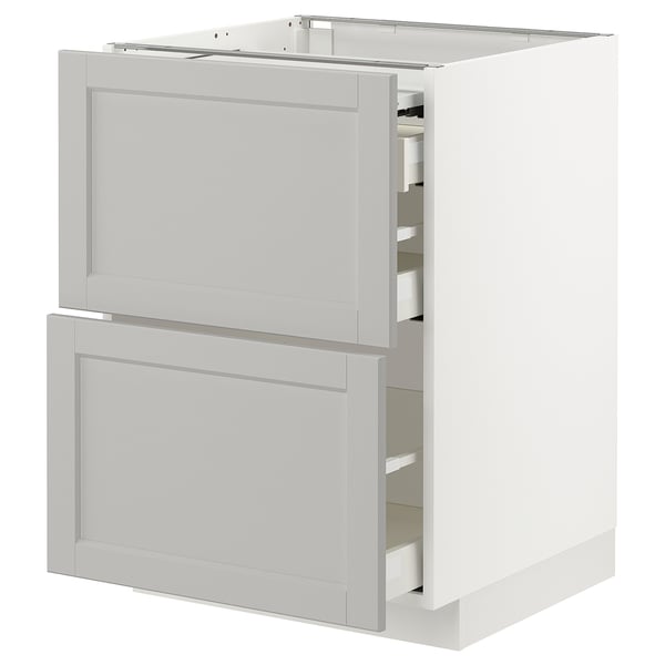 White METOD kitchen unit with grey lerhyttan drawers and cabinet.