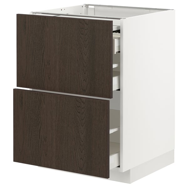 Modern white kitchen cabinet with dark brown wooden drawers and pull-out shelves.
