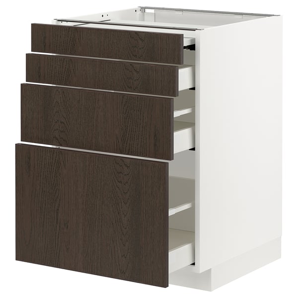 Modern kitchen unit, white and dark brown wood, four drawers with dark handles.