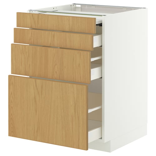 White METOD kitchen cabinet with oak drawers and silver handles.