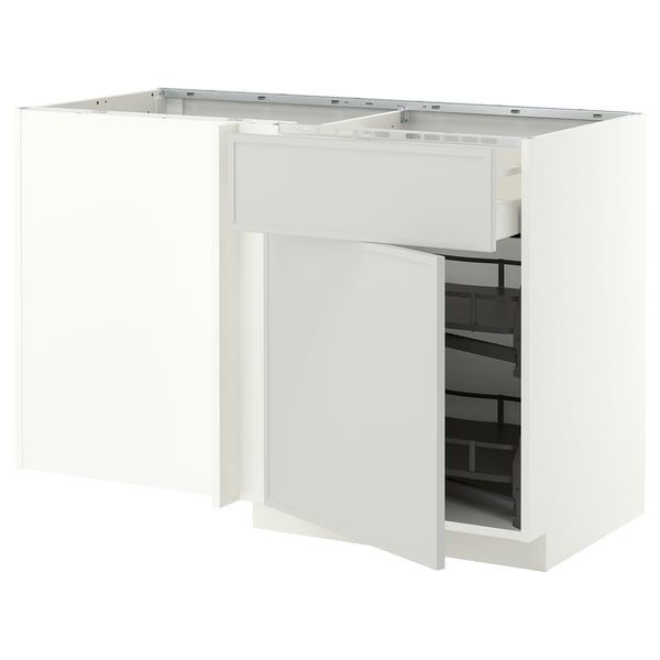 METOD / MAXIMERA Corner base cab w drawer and p-out, white/Aspudden light grey, 128x68 cm