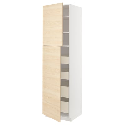 METOD kitchen cabinet, light ash wood, tall, rectangular, two doors, white frame, modern design.