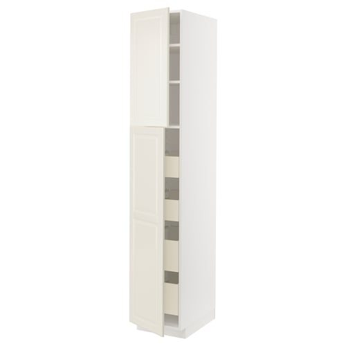 Product: IKEA METOD. Colour: off-white. Material: particleboard, melamine, steel. Shape: tall cabinet. Design: traditional with bevelled edges.