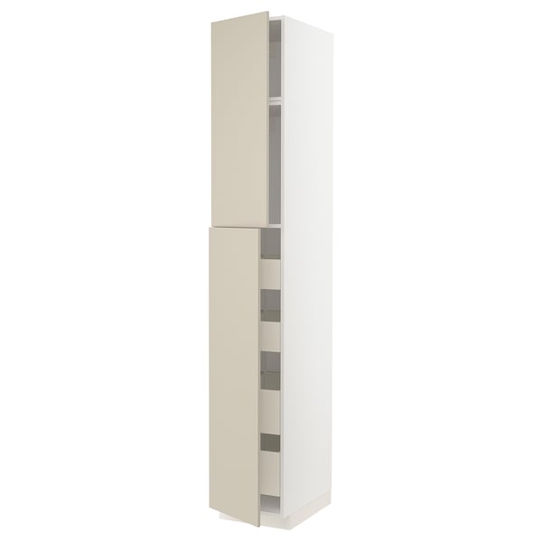 METOD kitchen unit in beige with smooth, rectangular, white and cream-colored doors.