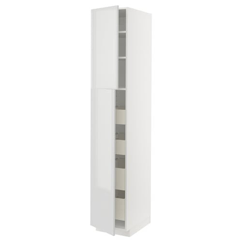 White high gloss kitchen cabinet with smooth, modern design and multiple shelves.