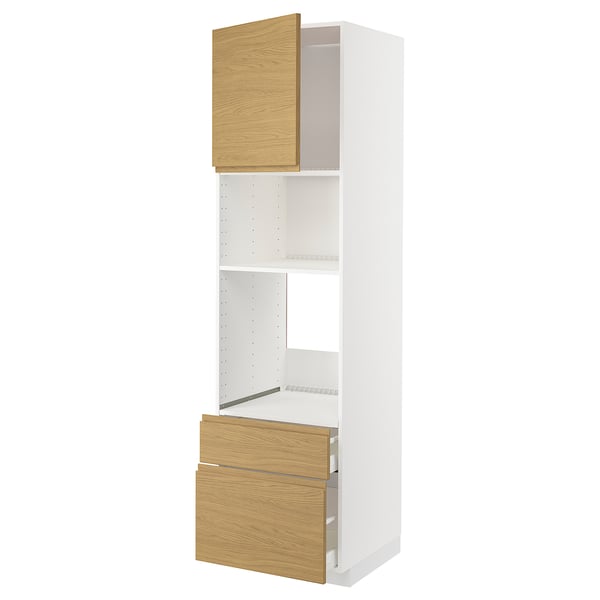 White kitchen cabinet with oak drawer and door, minimalist design.