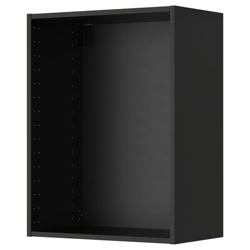 A black METOD wall cabinet for kitchen storage. Its rectangular, with a flat top and bottom, and pre-drilled holes for adjustable shelving.