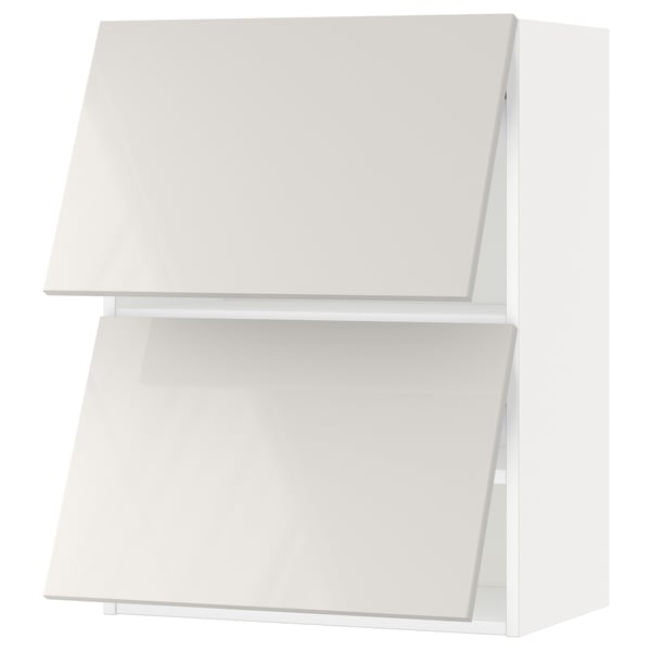 White modern wall cabinet, high gloss, sleek rectangular design, with two shelves inside.