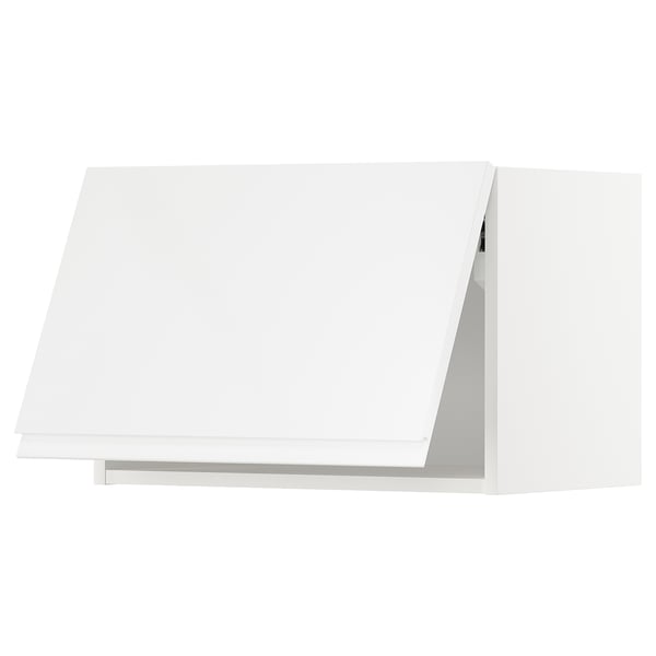 White high gloss kitchen cabinet from METOD, sleek modern design, angled shape, 18mm thick, seamless handle-less front.