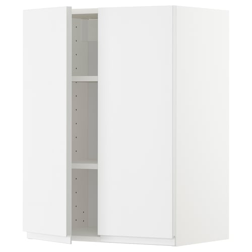 White high-gloss kitchen cabinet with adjustable shelves.