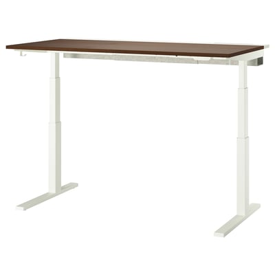 MITTZON desk: dark brown top, white legs. Electric sit/stand. Rectangular shape, sleek design.