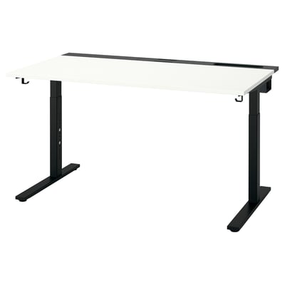 MITTZON desk: modern black adjustable desk with white top, ergonomic design, height-selectable, includes cable management tray and hooks.