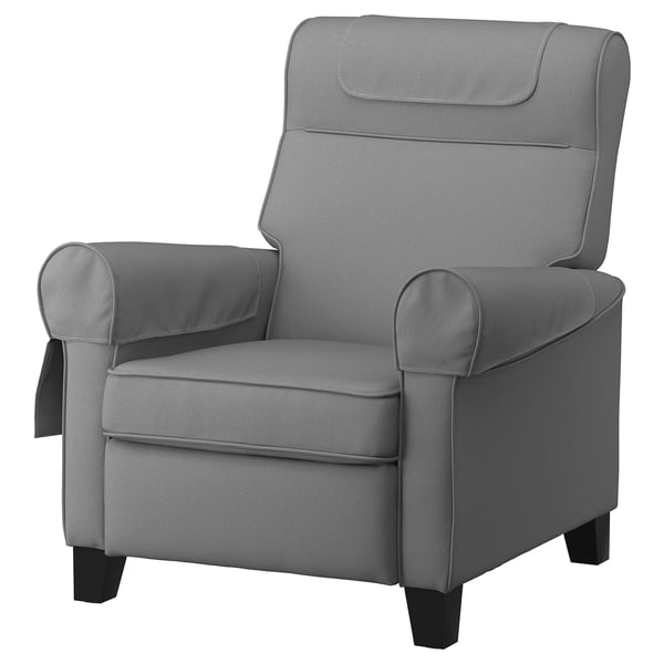 MUREN grey recliner chair with high back, track arms, and wooden legs.