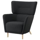 Dark grey OSKARSHAMN wing chair, modern design with high back and wooden legs.