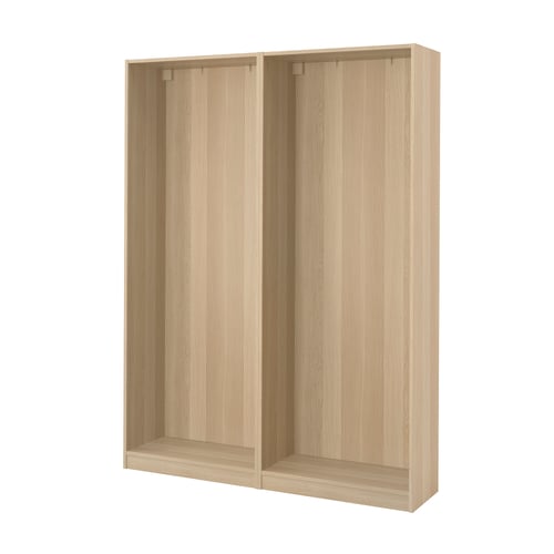 Light wood PAX wardrobe frame, slim, rectangular, adjustable feet.
