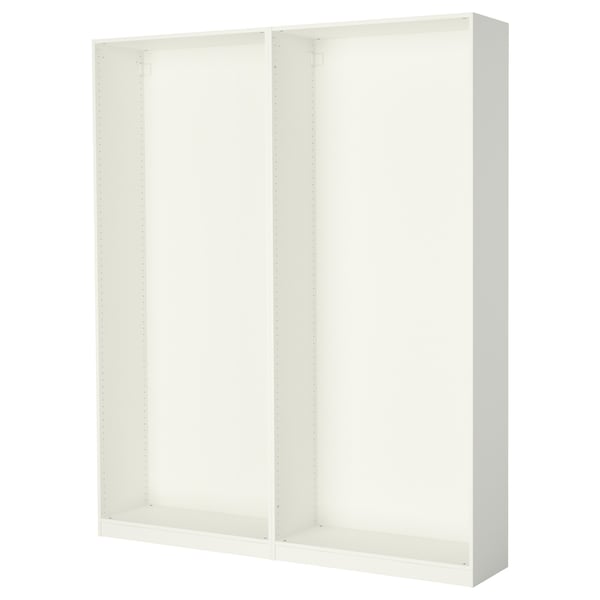 A white ikea PAX wardrobe frame, rectangular, with adjustable feet.