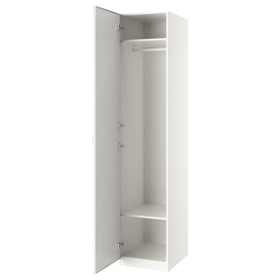 An open white ikea PAX wardrobe with shelves and a hanging rod.