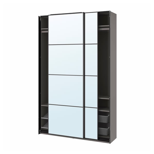 Modern black PAX wardrobe with mirrored sliding doors and internal shelves, combining style and functionality.
