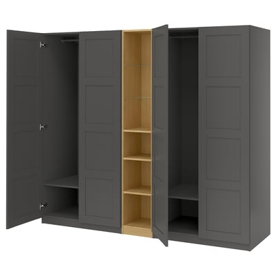 Black PAX wardrobe with open shelves, hanging rod, and adjustable shelves in light wood.